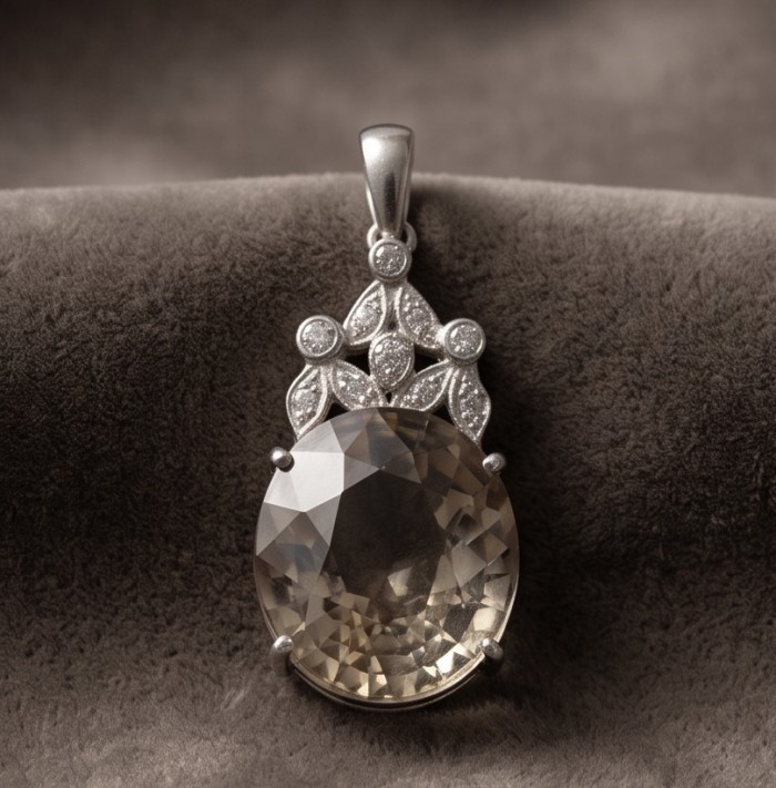 Luxury genuine 22.7 CARAT oval cut Champagne Topaz .925 Sterling Silver dipped in rhodium handmade Pendant - Oval cut Champagne Topaz pendant, front view on fabric background.