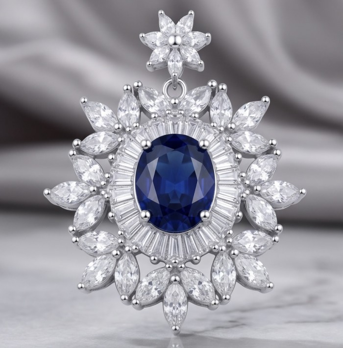 Vintage Beauty 4.7 carat Sapphire Rhodium over .925 Sterling Silver handcrafted pendant - Close-up of Vintage Beauty sapphire pendant with diamond accents.