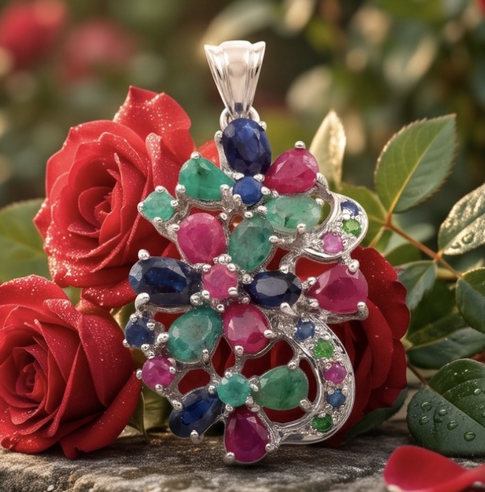 Rare creation - Deluxe 22.2 carat authentic Kashmir Ruby rhodium over .925 Sterling Silver handmade Statement Pendant - Close-up of a colorful gemstone pendant with roses in the background