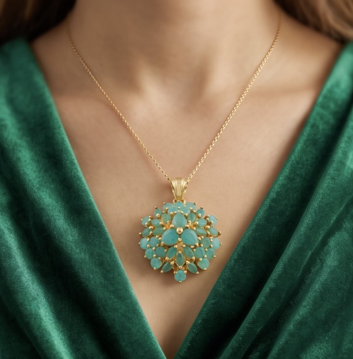 Tiffany - Authentic 8.5 carat Emerald 22K Gold over .925 Sterling Silver handmade Statement Pendant - Close-up of emerald gold pendant necklace worn with green dress