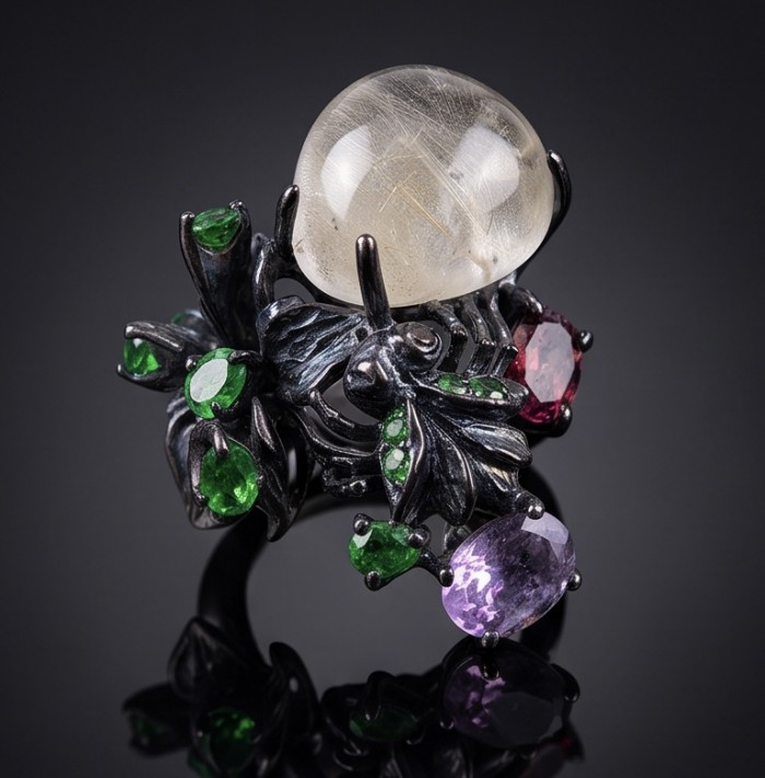 Large Best quality Golden Rutilated Quartz black rhodium over .925 Sterling Silver handcrafted Ring Size 8 1/2 - Close-up of intricate ring with golden rutilated quartz and colorful gems