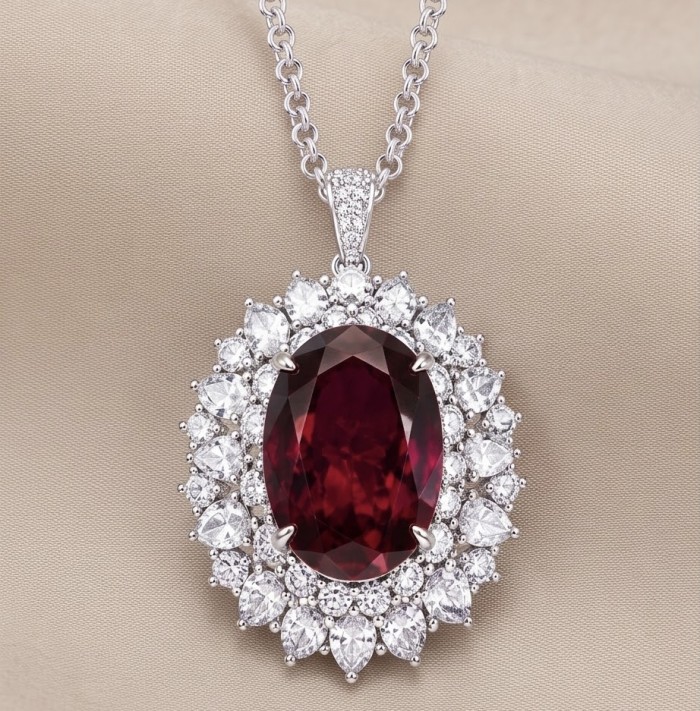 Luxurious 27.9 carat natural Garnet from The Umba Valley in Tanzania .925 Sterling Silver .925 Sterling Silver Statement Necklace - Close-up of a luxurious garnet pendant surrounded by diamonds.