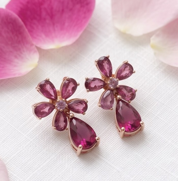 Giovanna - Magnificent floral design- 8.2 carat Kasmir Ruby .925 Sterling Silver dippedin 22K Gold handcrafted incredible Statement earrings - Close-up of floral earrings with Kasmir Ruby stones on fabric background.