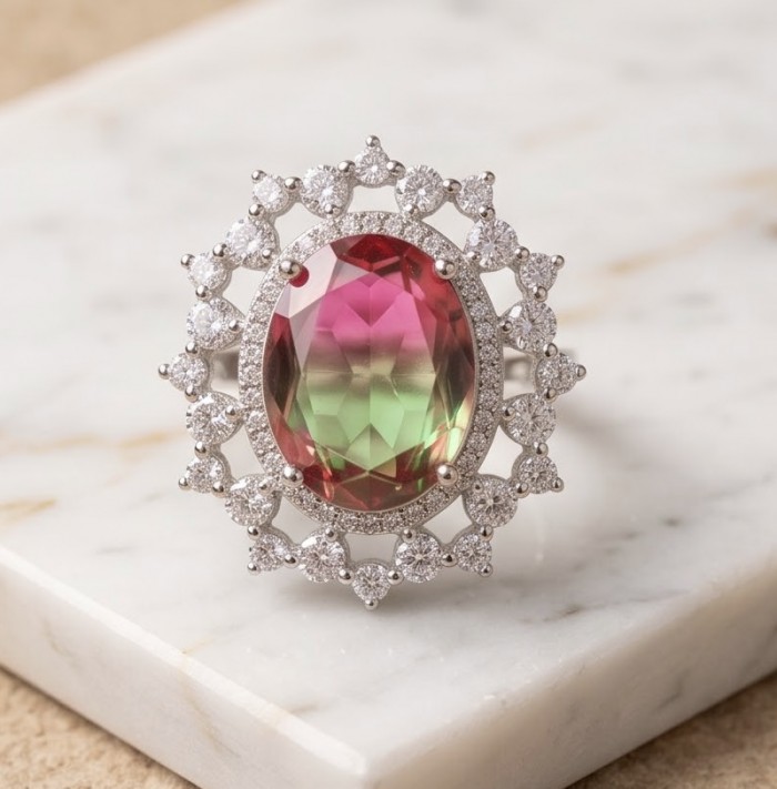 12.8 carat Brazilian Tourmaline .925 Sterling Silver dipped in rhodium Perfectly handcrafted Ring s. 8 - Close-up of 12.8 carat Brazilian Tourmaline ring with diamond halo