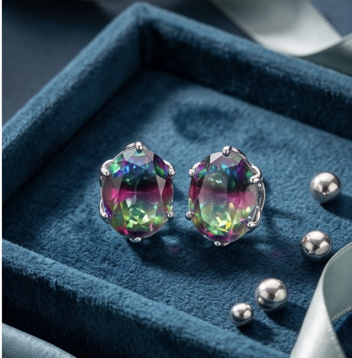 Luxurious authentic 11.2 carat Brazilian Tourmaline .925 Sterling Silver handcrafted earrings - Close-up of luxurious Brazilian tourmaline stud earrings in a box