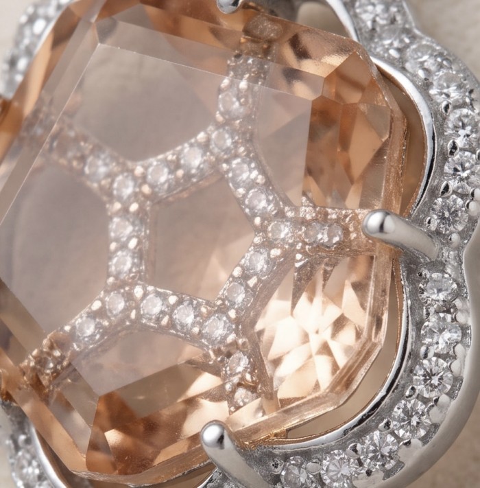 Tae Rose 11.5 carat Morganite .925 Sterling Silver handmade Statement Earrings - Close-up of Tae Rose 11.5 carat Morganite in sterling silver setting.