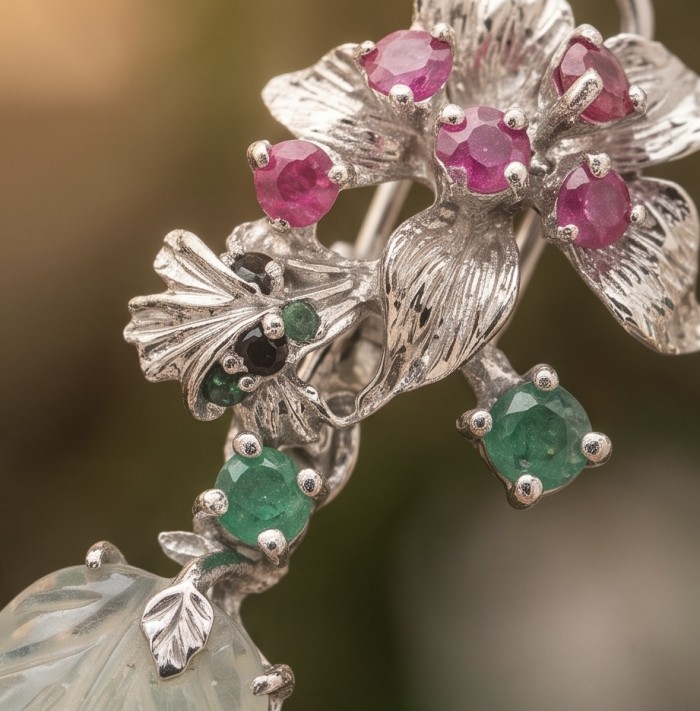 RARE BEAUTY! Valentina 38.2 carat CARVED Green Amethyst .925 Sterling Silver dipped in rhodium Statement earrings - Close-up of Valentina 38.2 ct carved green amethyst with gemstone accents.