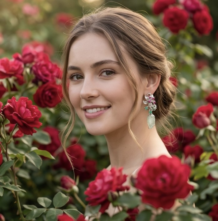 RARE BEAUTY! Valentina 38.2 carat CARVED Green Amethyst .925 Sterling Silver dipped in rhodium Statement earrings - Woman wearing RARE BEAUTY earrings with carved green amethyst in roses.
