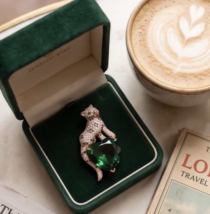 Precious Cheetah authentic 38.5 carat EMERALD .925 Sterling Silver dipped in 14K Rose Gold Handcrafted pendant brooch - Cheetah brooch with emerald in a box next to coffee and book.