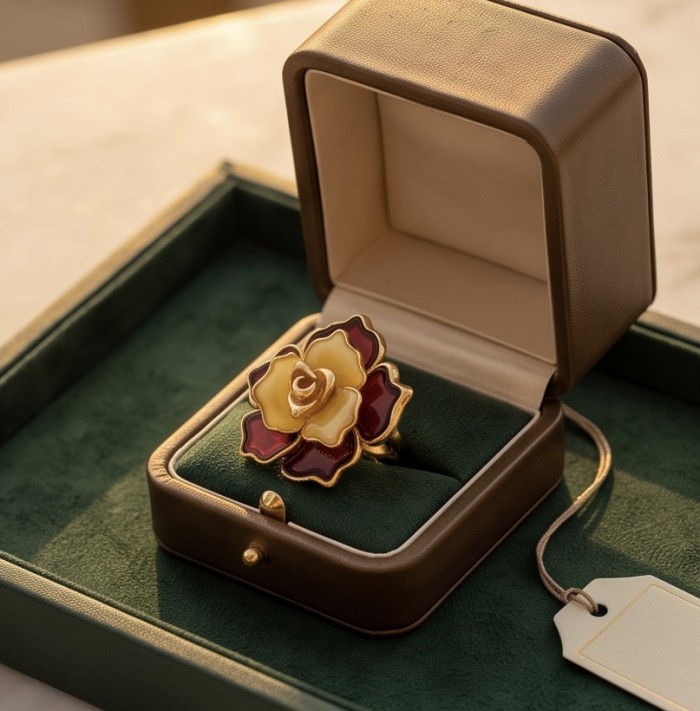 Golden Rose Natural Baltic Polish Amber .925 Sterling Silver dipped in 22K Gold handcrafted Large Statement Ring size 7 - Golden rose amber ring in open box, top view, close-up.