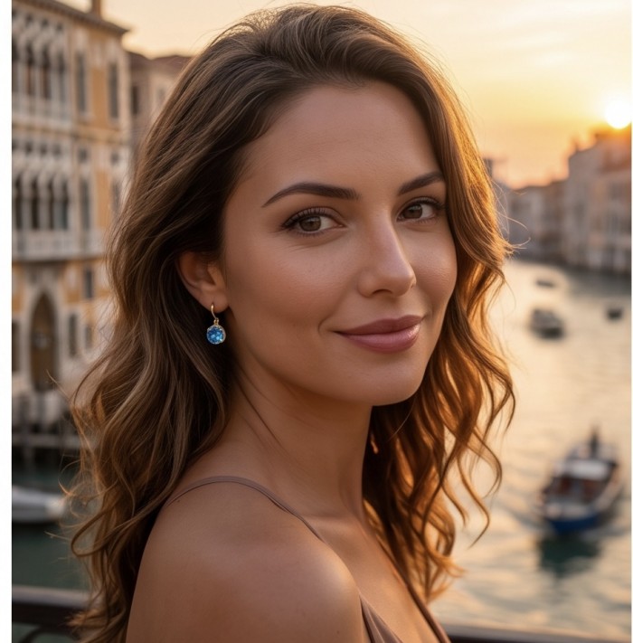 Blue Magic 8.5 carat London Blue Topaz 22K Gold over .925 Sterling Silver handmade Statement earrings - Woman wearing Blue Magic 8.5ct London Blue Topaz earrings, side view.
