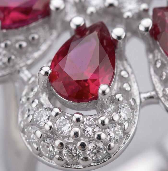 Izabella Luxurious natural 6.8 carat Ruby rhodium over .925 Sterling Silver handmade incredible ring s. 7 1/2 - Ruby and diamond ring, stone close-up, rhodium .925 setting.