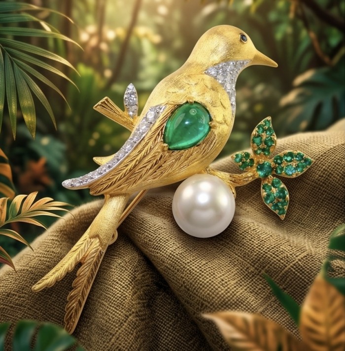 Bird on a Pearl - Genuine 7.5 carat yellow Emerald 18K Gold over .925 Sterling Silver handmade Pendant - Brooch - Side view of bird brooch with emerald and pearl details on fabric.
