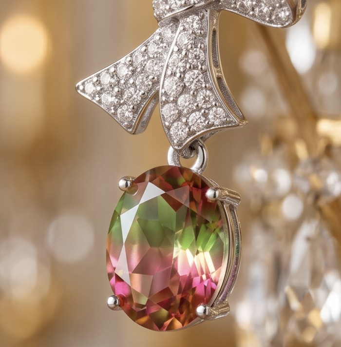 Luxurious 7.5 carat Brazilian Watermelon Tourmaline .925 Sterling Silver Handcrafted Earrings - Close-up of 7.5 carat Watermelon Tourmaline pendant with bow detail
