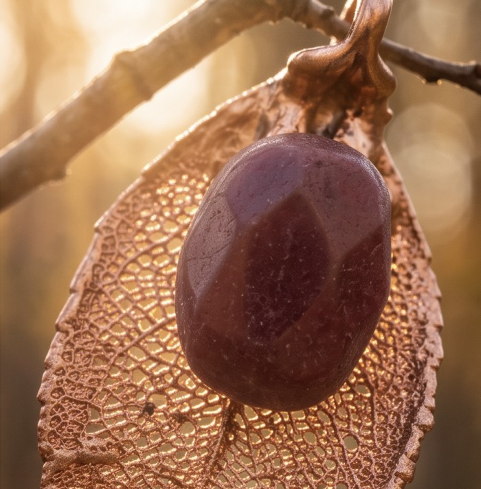 REAL Leaf dipped in copper Ruby stone & .925 Sterling Silver Pendant - Close-up of copper-dipped leaf with ruby stone in warm light
