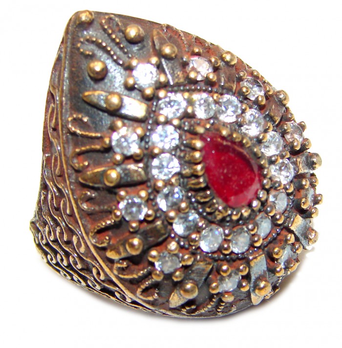 Large Victorian Style created Ruby & White Topaz Sterling Silver ring; s. 5 1/2 - photo 1