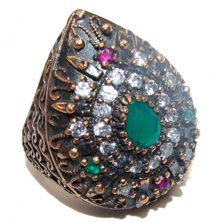 Victorian Style created Emerald & White Topaz Copper over Sterling Silver ring; s. 7 - photo 1