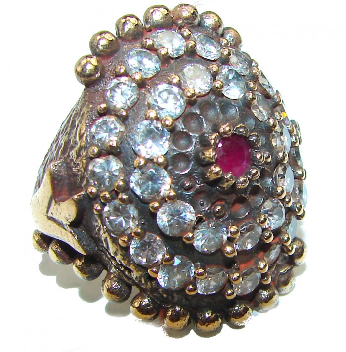 Floral Design Ruby 2 tones .925 Sterling Silver handcrafted ring; s. 6 - photo 1