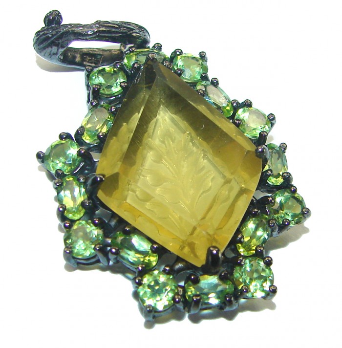 Carved Lemon Quartz black rhodium over .925 Sterling Silver handcrafted pendant - photo 1