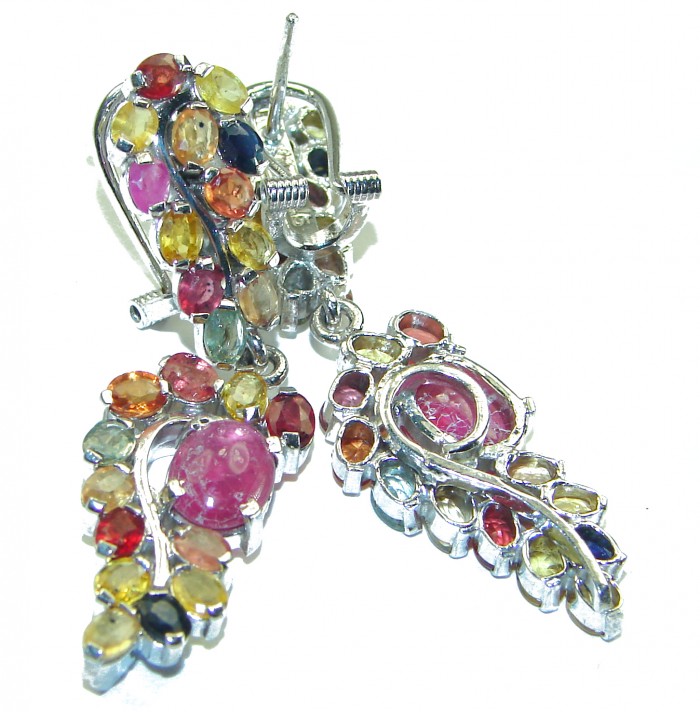Authentic Ruby multicolor Sapphire .925 Sterling Silver handcrafted Statement earrings - photo 1