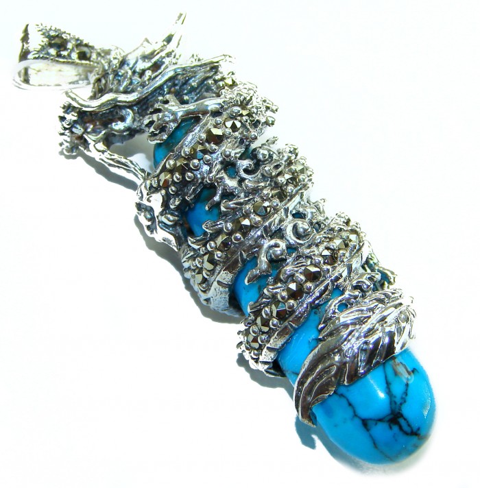 Wild Dragon Turquoise Marcasite .925 Sterling Silver handmade Pendant - photo 2