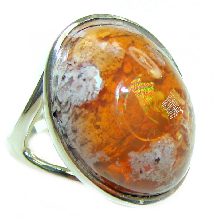 Inner Fire best quality 14.4 carat Mexican Opal .925 Sterling Silver handmade ring 7 - Close-up of 14.4 carat Mexican Opal ring in .925 sterling silver.