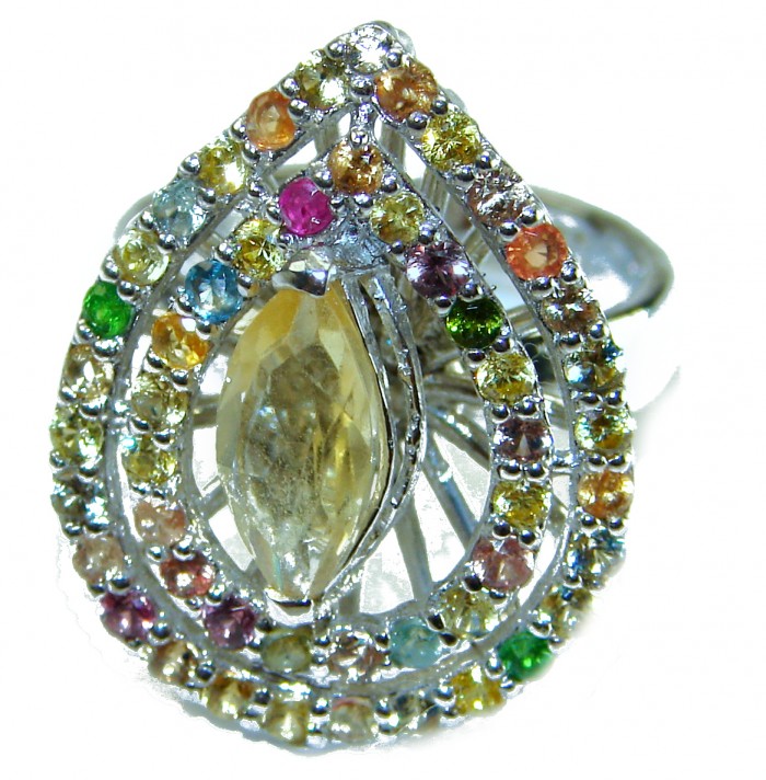 Authentic 17.5 carat Yellow Sapphire .925 Sterling Silver brilliantly handcrafted Statement ring s. 7 - Close-up of jeweled ring with yellow sapphire and multicolored stones