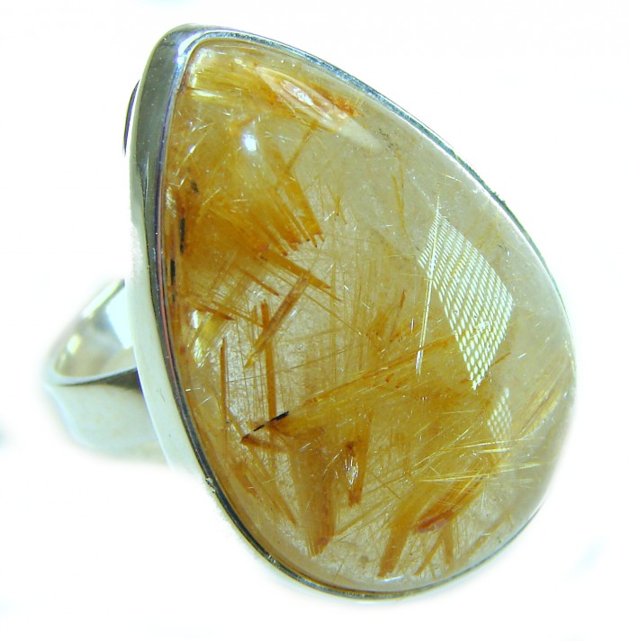 The very Best quality Golden Rutilated Quartz .925 Sterling Silver handcrafted Ring Size 8 adjustable - Golden rutilated quartz stone close-up on sterling silver ring