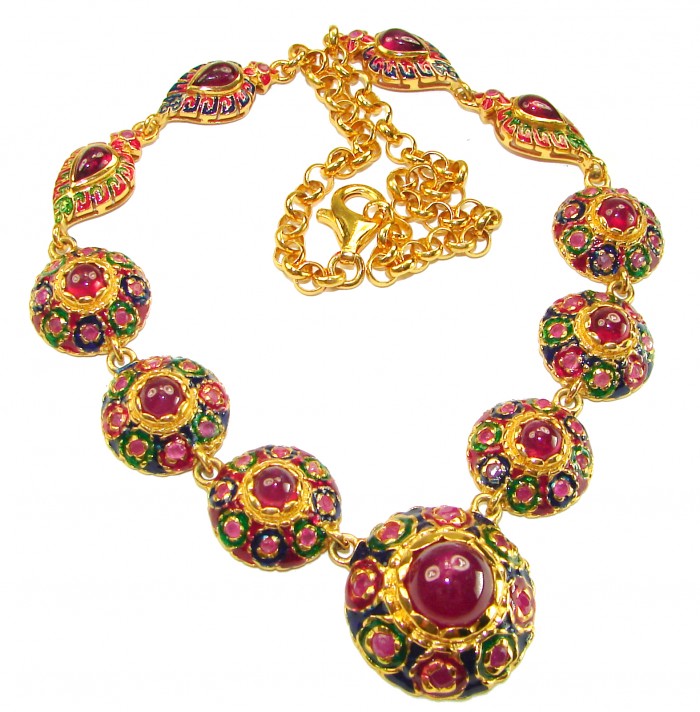 Enlightenment 38.2 carat Mozambique Ruby .925 Sterling Silver .925 Sterling Silver dipped ibn 18K REAL GOLD Statement Necklace - Colorful necklace with ruby stones, showing clasp detail.