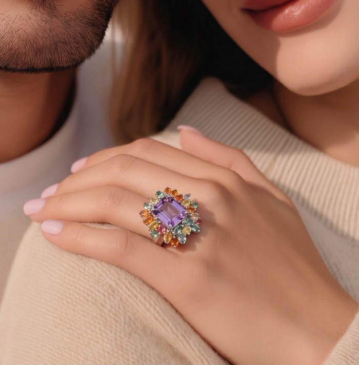 Anastasia 20.2 carat Amethyst multicolor Sapphire .925 Sterling Silver Handcrafted Statement Ring size 7 - photo 1