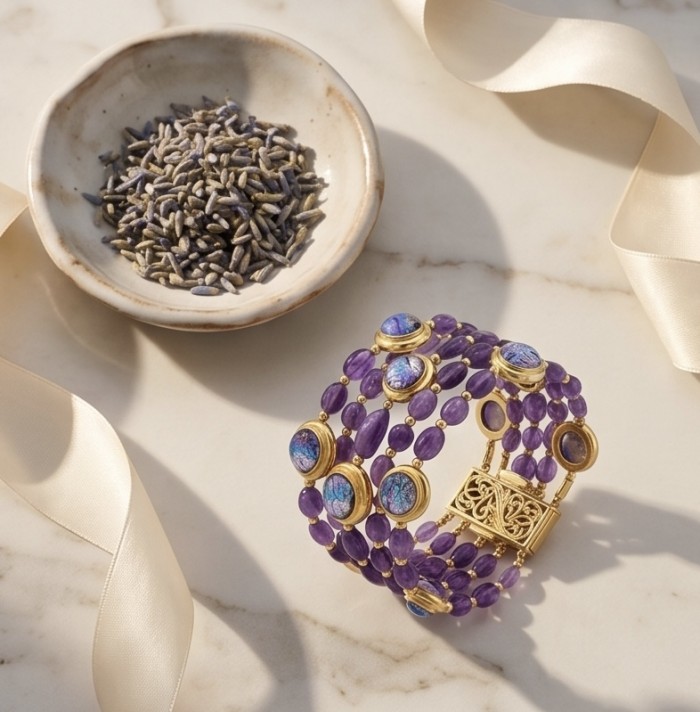 Baroque Style Beauty 39.5 carat Amethyst 14K Gold over .925 Sterling Silver handcrafted Bracelet - Amethyst bracelet with gold, top view beside lavender and ribbon.