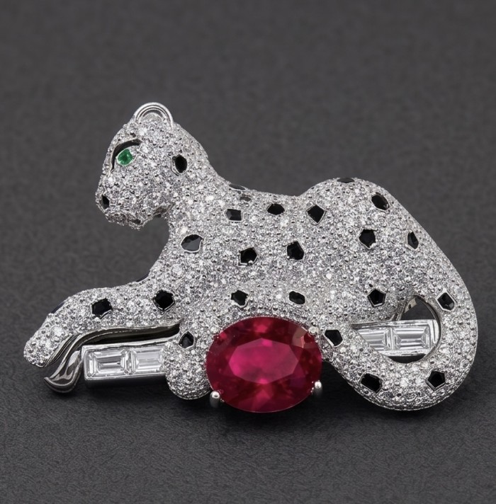 Precious Cheetah authentic 7.4 carat Ruby .925 Sterling Silver Handcrafted pendant brooch - Cheetah brooch with 7.4 carat ruby, front view on dark background.