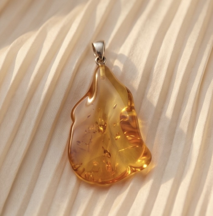 Prehistoric Authentic Golden Baltic Amber .925 Sterling Silver beautifully handcrafted Pendant - Golden Baltic Amber pendant on pleated fabric, front view.