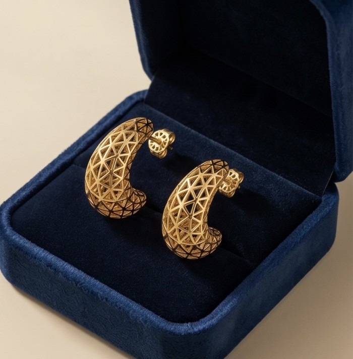 Dubai Style - .925 Sterling Silver dipped in 22K Gold handmade Earrings - Gold crescent earrings in blue velvet box, top view.