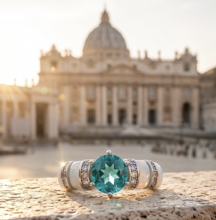 Wonderland 3.1 carat Paraiba Tourmaline .925 Sterling Silver Handcrafted Ring size 7 1/2 - Close-up of paraiba tourmaline ring with a historic dome in the background