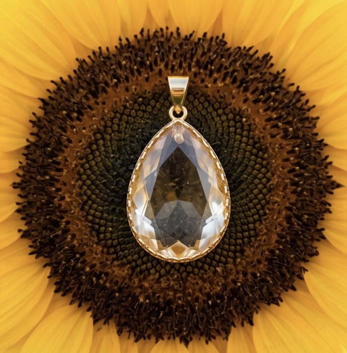 Perfection Oval cut 30.3 carat Lemon Quartz 18K Gold over .925 Sterling Silver handcrafted LARGE pendant - 30.3 ct Lemon Quartz pendant on sunflower, stone close-up.