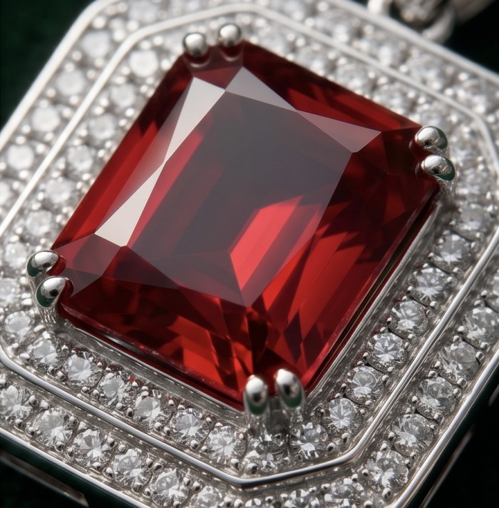 Art Deco 19.4 ctw Ruby Emerald .925 Sterling Silver handcrafted Large Statement necklace - Close-up of Art Deco ruby and diamond sterling silver pendant