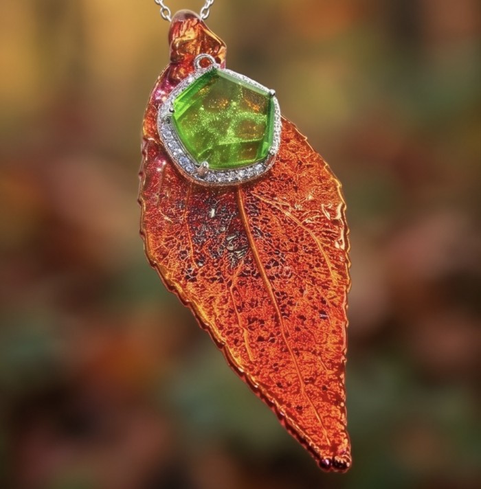 Stylish REAL Leaf dipped in Rose Gold 11.5 carat Garnet .925 Sterling Silver Pendant - Leaf pendant with green gem close-up, rose gold finish, blurred background.