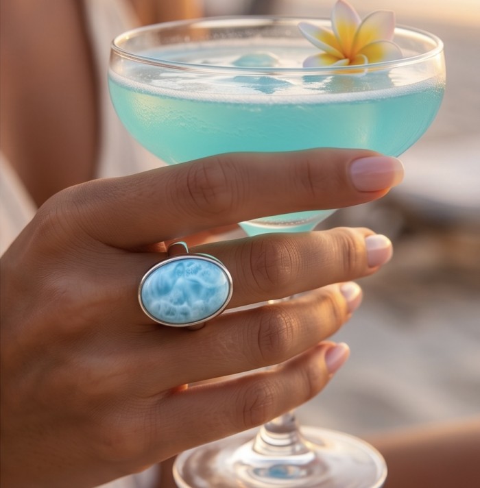 Large 14.9 carat Blue Perfection Blue Larimar .925 Sterling Silver handmade Large ring size 7 adjustable - Large 14.9 carat Blue Larimar ring worn on hand, holding blue cocktail.