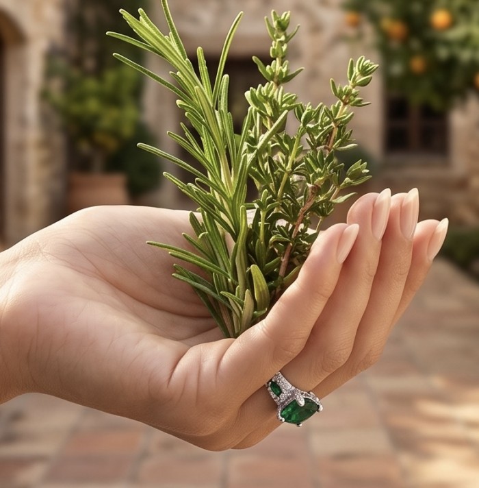 Top quality - Real Treasure assher cut 17.2 carat Chrome Diopside .925 Sterling Silver Ring size 7 - Emerald ring worn on hand holding herbs, showcasing detailed design.