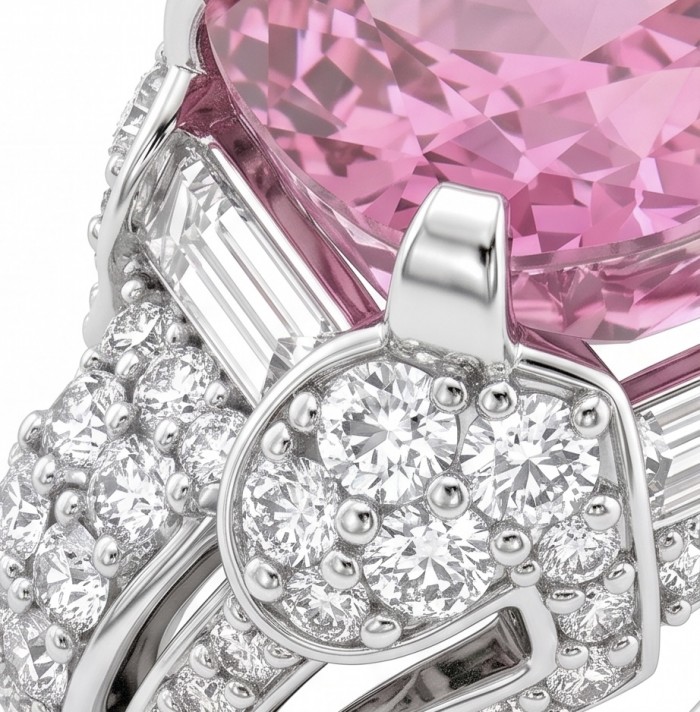 Anastasia 10.2 carat Pink Sapphire .925 Sterling Silver dipped in Rhodium Handcrafted Statement Ring size 8 - Close-up of pink sapphire and diamond accents on sterling silver ring.
