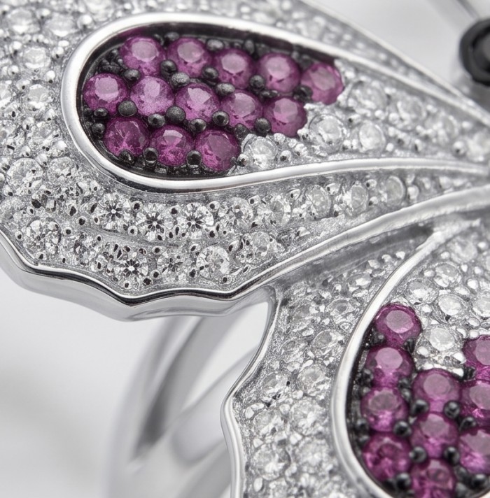 Precious Butterfly Genuine 10.5 carat Ruby .925 Sterling Silver handmade LARGE Statement Ring size 7 1/2 - Close-up of butterfly ring with rubies and diamonds in sterling silver.