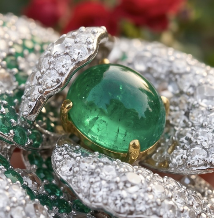 Secret Rose - Vintage Style 6.8 carat Jade 18K Gold over .925 Sterling Silver handmade Large Cocktail Ring s. 6 - Close-up of vintage style jade and diamond jewelry with gold setting