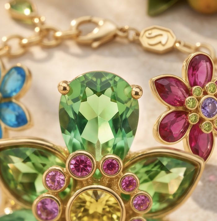 35.2 carat Blooming Garden Natural multicolot Topaz 14k Gold over .925 Sterling Silver handcrafted Statement Bracelet - Close-up of Blooming Garden Topaz and Gold Jewelry Details