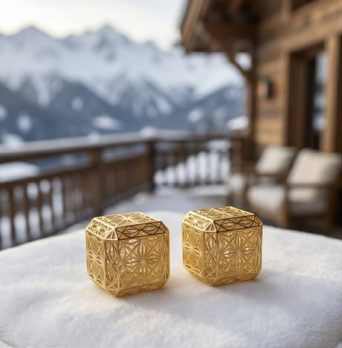 Black Label Collection -golden cubes- Dubai Style - Natural 22K Gold over .925 Sterling Silver handmade earrings - Golden cube jewelry on snow with mountain view in background