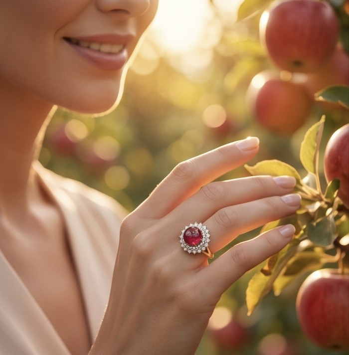 Francesca Authentic 10.9 carat Mozambique Ruby .925 Sterling Silver brilliantly handcrafted Statement Statement ring; s. 7 - Ruby ring worn on hand, close-up in an apple orchard setting.