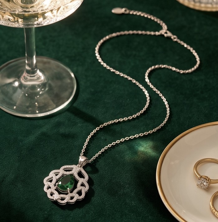 Giovanna - Authentic 4.8 carat COLOMBIAN EMERALD .925 Sterling Silver dipped in rhodium handcrafted pendant - Necklace with emerald pendant on green fabric beside drink glass and rings.