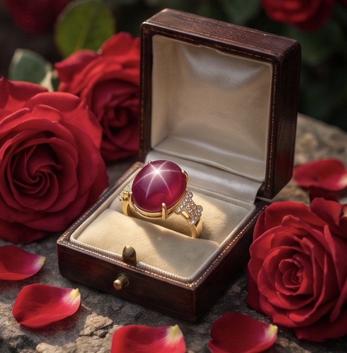 Bella Rosa Genuine 17.5 CARAT Ruby 18K Gold over .925 Sterling Silver Large Statement Ring size 8 - Close-up of Bella Rosa 17.5 carat ruby ring in box with roses.