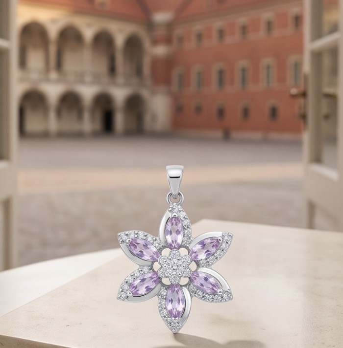 Authentic 4.5 carat Brazilian Amethyst rhodium over .925 Sterling Silver handcrafted Statement Pendant - Front view of floral amethyst pendant on outdoor background