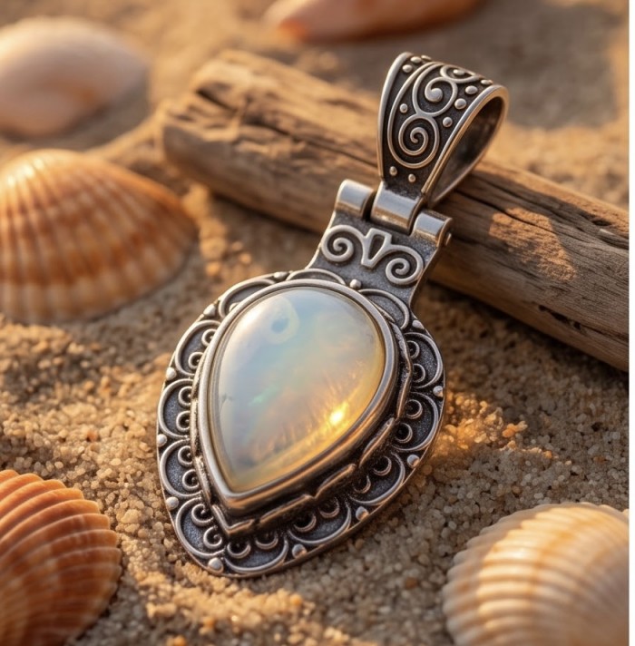 Incredible Design Opalite .925 Silver handmade Necklace - Opalite silver necklace on sand with seashells, front view close-up.